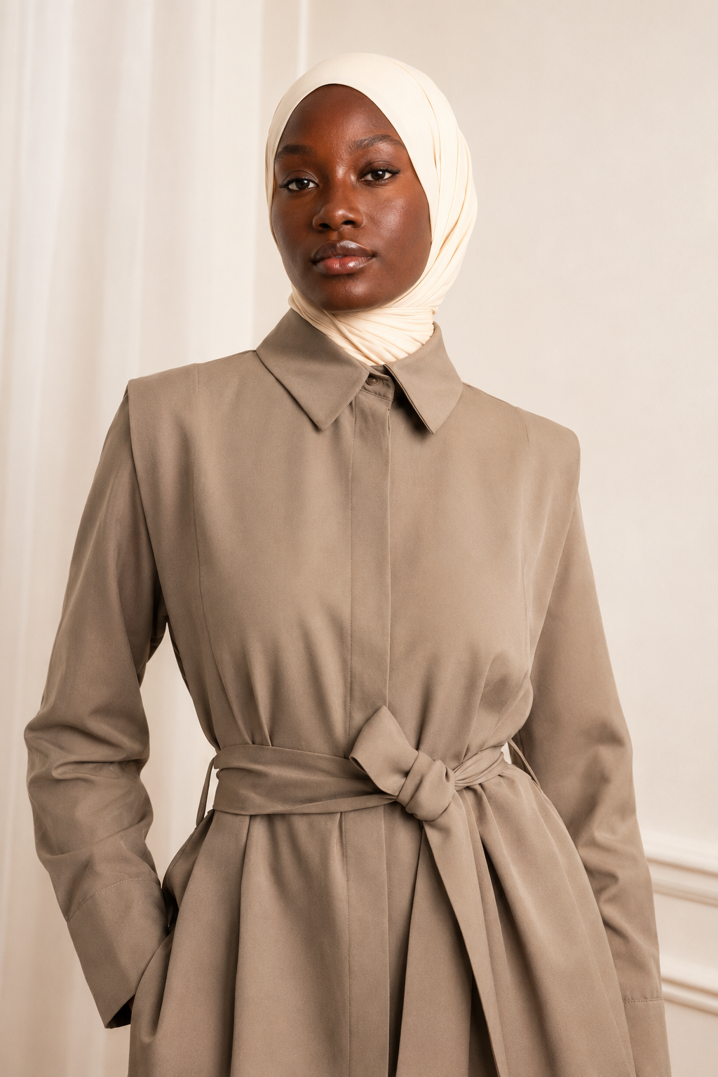 Gros plan sur une veste ceinturée beige taupe avec hijab écru
