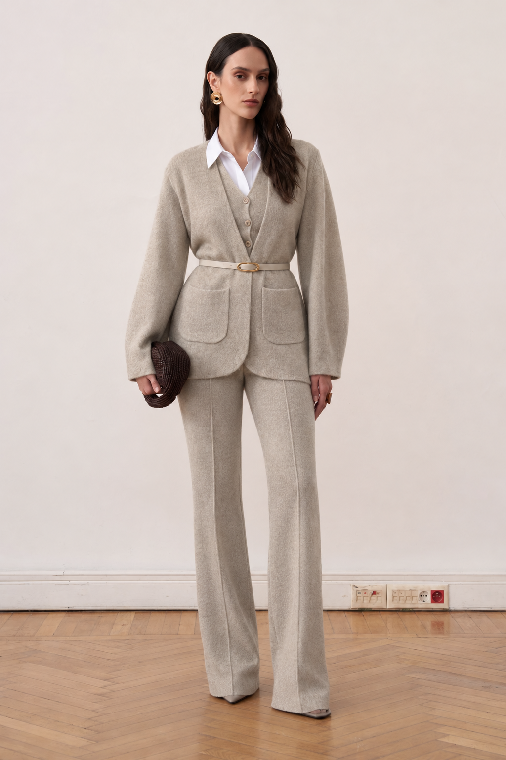 Ensemble trois pièces en maille grège pour femme, tenue d'hiver complète - ZAYÉRA Paris
