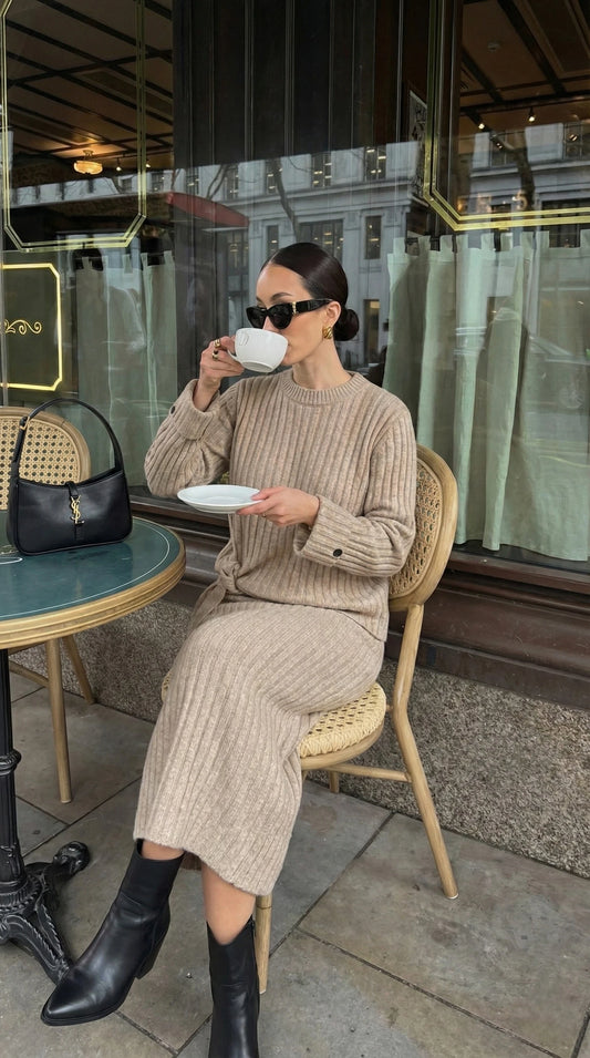 Ensemble Jupe Maille Côtelée Femme | Pull et Jupe Longue