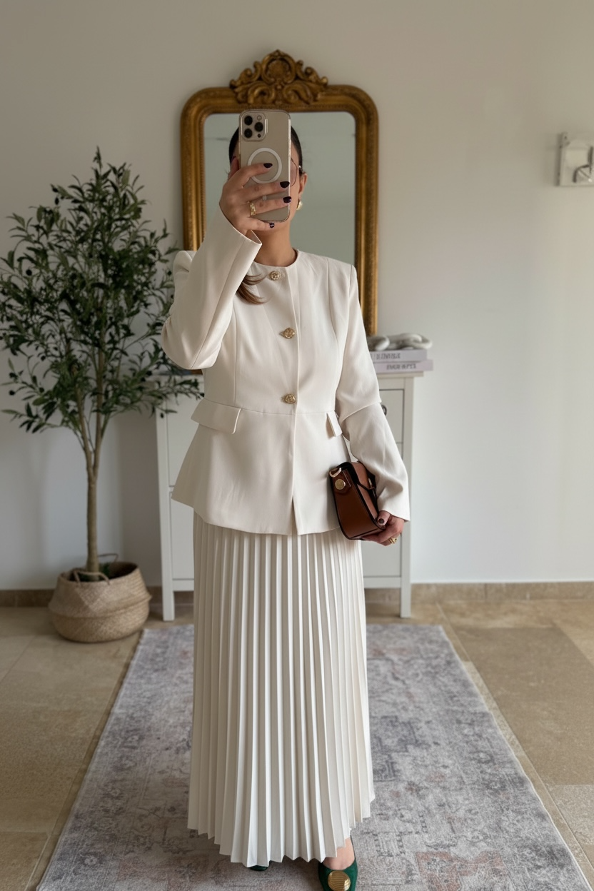 Ensemble Blazer & Jupe Plissée Longue Femme | Style Old Money