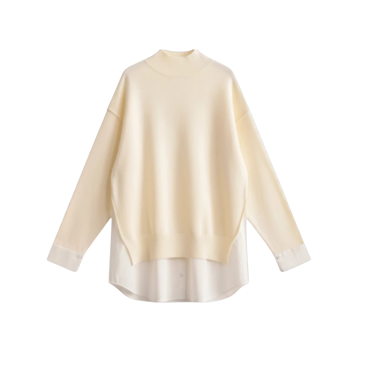 Pull chemise écru à col montant, effet superposition maille et popeline - ZAYÉRA Paris